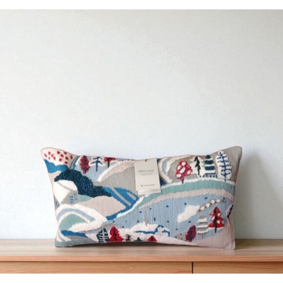 West Elm Pillow Winter Snow Scene Beaded Embellished Button Closure 20" x 11" - Picture 2 of 9